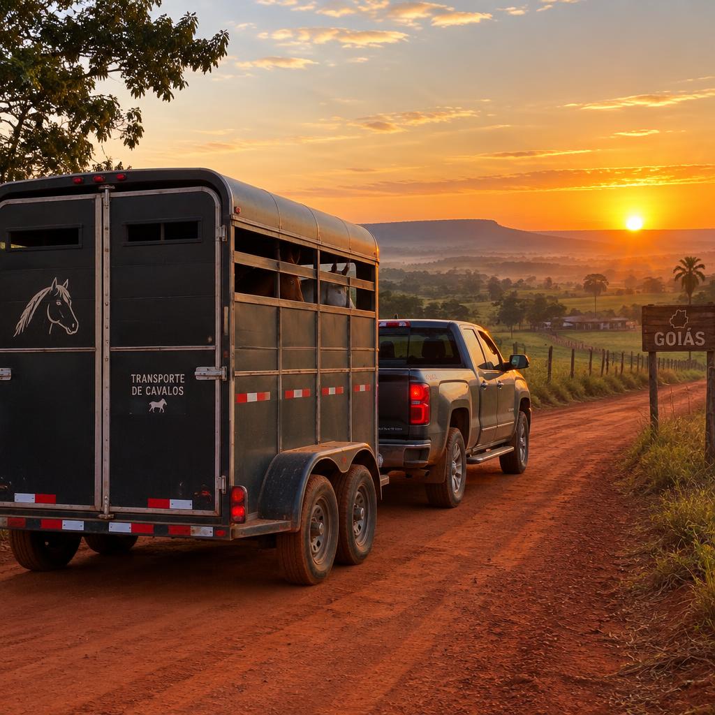 Trailer dos cavalos em estrada de terra